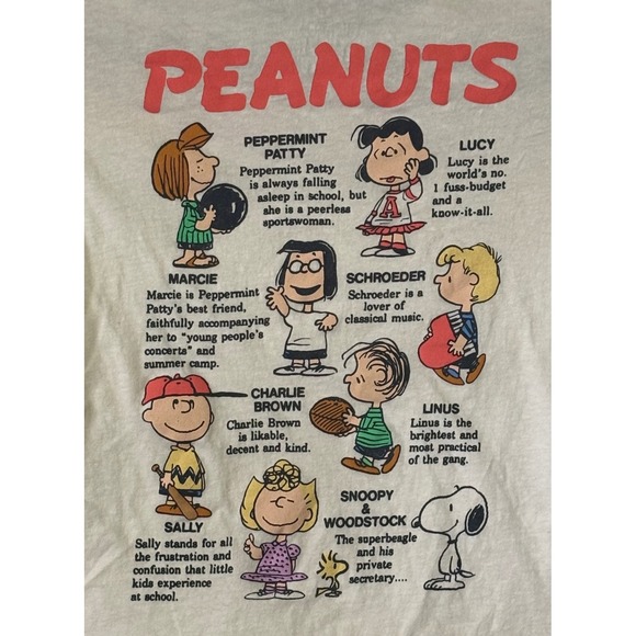 Peanuts Snoopy Charlie Brown Gang Character List Graphic T-Shirt Cream Kids M - Picture 4 of 7